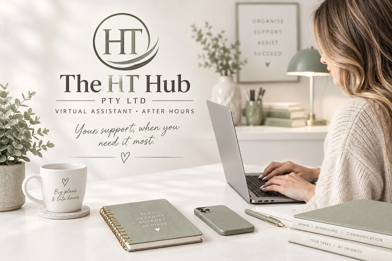 Virtual assistant working on laptop in modern office environment